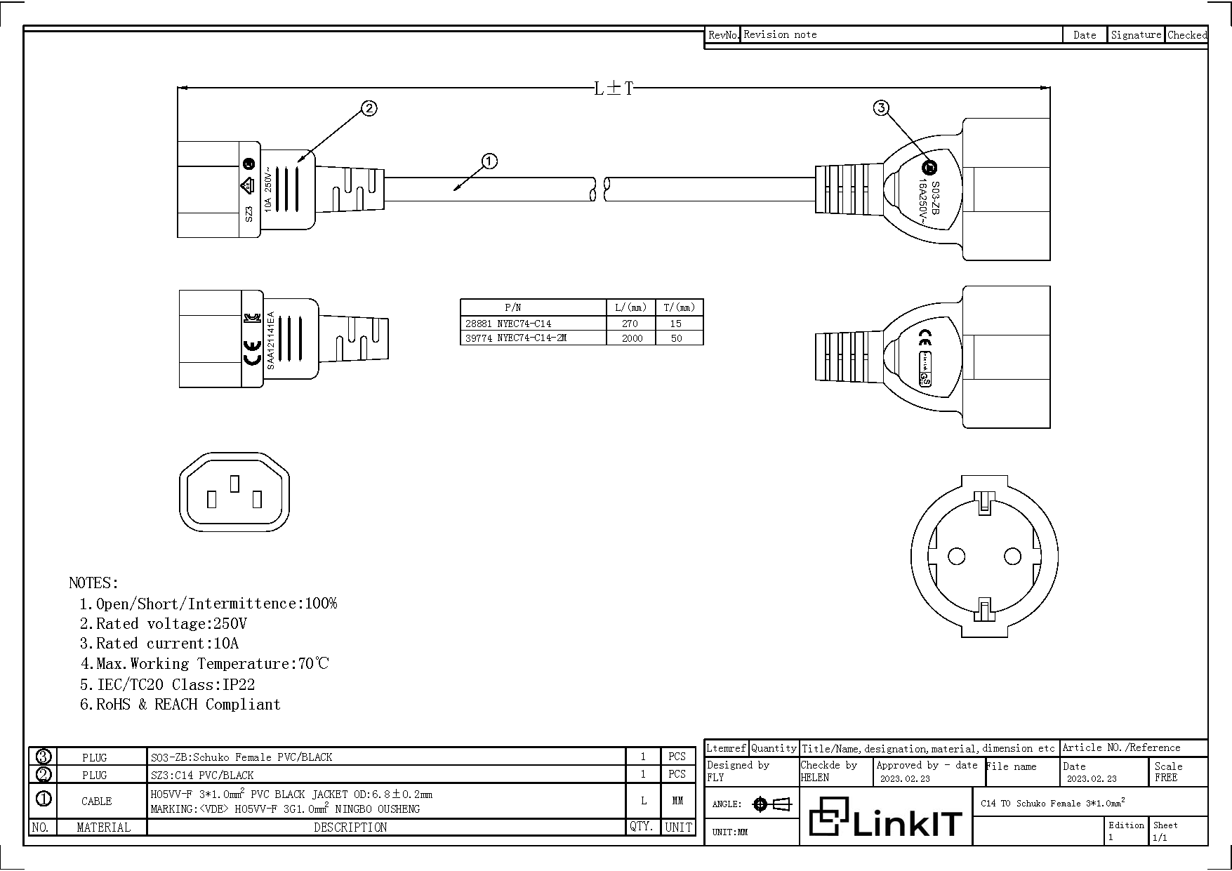 LinkIT strømkabel C14/CEE 7/4 2m C14han Schuko hun | 3 x 1.00 mm² | svart (NYEC74-C14-2M)