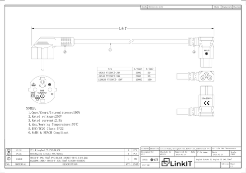 LinkIT strømkabel CEE 7/7 - C5 svart 5m PVC | Vinklet Schuko/C5 | 3 x 0,75 mm² (NYESCC5-5MV)
