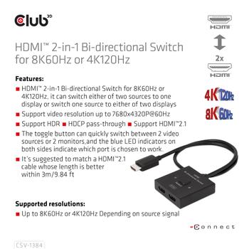 CLUB 3D HDMI 2-in-1 Bi-directional Switch for 8K60Hz or 4K120Hz (CSV-1384)