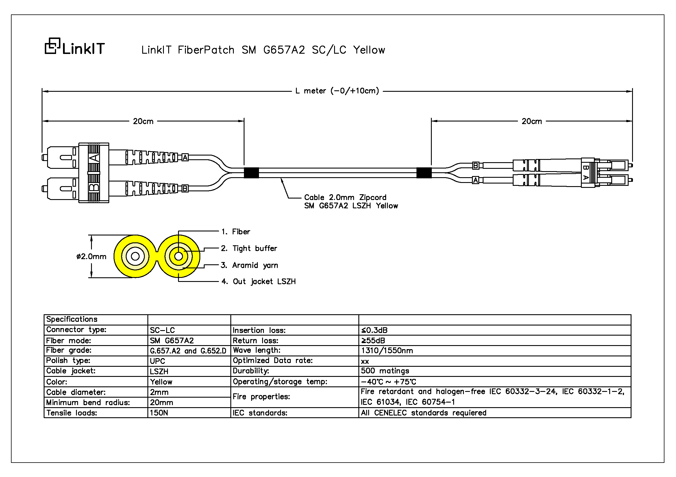 LinkIT fibersnor OS2 LC/SC 20m Duplex | SM | LSZH | Yellow (FPD92LUSU-200)