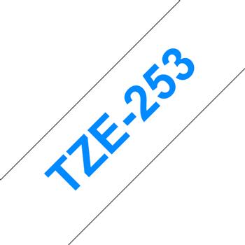 BROTHER TZ-tape (laminerede) (Kat. 2), 24mm., blå tekst på hvid tape, 8m. pr. rulle (TZ-253)