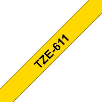 BROTHER TZ-tape (laminerede) (Kat. 2), 6 mm., sort tekst på gul tape  (TZ-611)