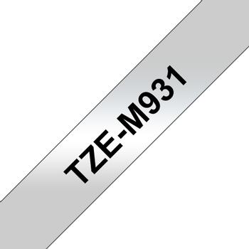 BROTHER TZ-tape (laminerede) (Kat. 2), 12mm., sort tekst på sØlv/mat tape (TZ-M931)