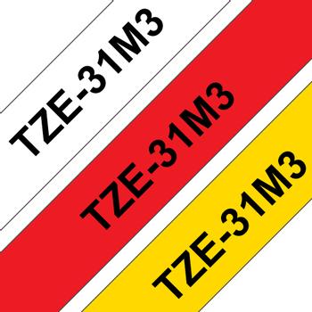 BROTHER TZe-31M3 - Black on red, black on white, black on yellow - Roll (1.2 cm x 8 m) 3 cassette(s) laminated tape - for P-Touch PT-1000, 1010, 1080, 1090, 1280, 1830, 3600, 7500, 7600, 900, E100, E5 (TZE31M3)