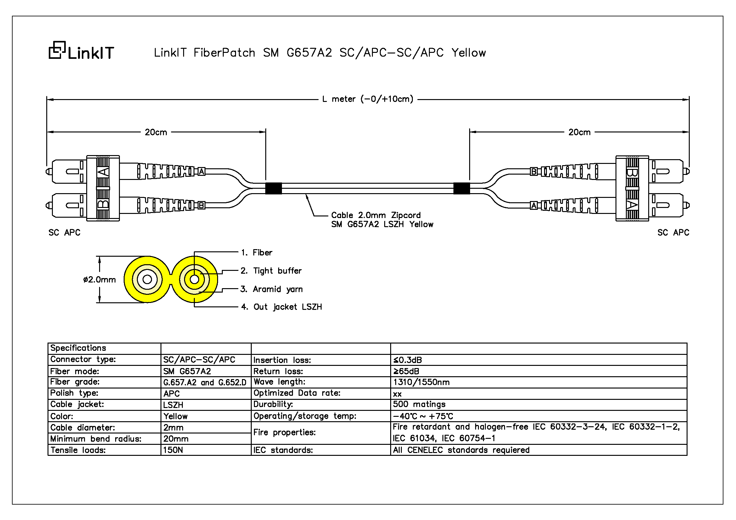 LinkIT fibersnor OS2 SC-APC/ SC-APC 3m Duplex , SM , LSZH , Yellow (FPD92SASA-030)