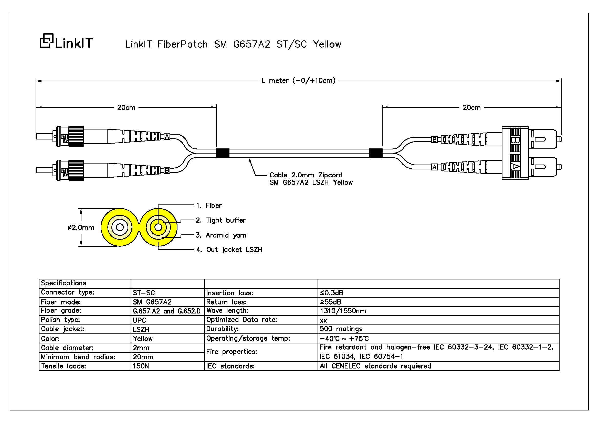 LinkIT fibersnor OS2 ST/SC 5m Duplex , SM , LSZH , Yellow (FPD92TUSU-050)