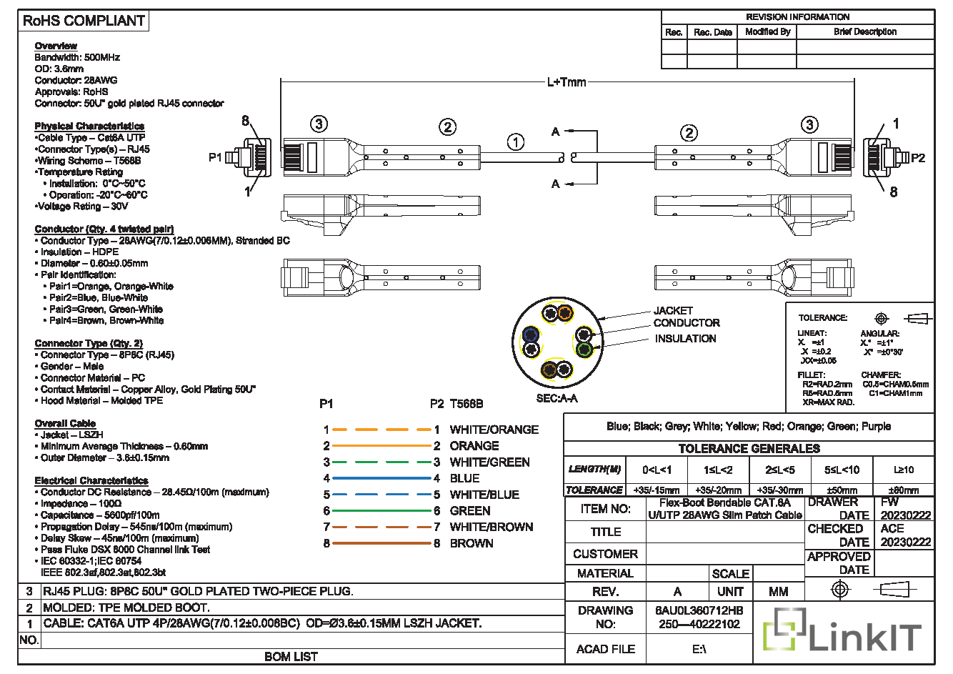 LinkIT U/UTP Slim Cat.6a White 5m Flexible-boot | AWG28 | LSZH | OD3,6mm (LI-C6AUUTP-SFB-0050W)
