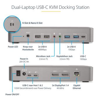 STARTECH Dual-Laptop USB-C KVM Docking Station Dual Monitor 4K 60Hz DisplayPort KVM Dock 5x USB Hub GbE 90W/45W PD Windows/ Mac (129UE-USBC-KVM-DOCK)