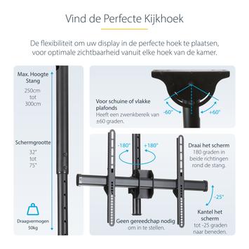 StarTech Ceiling TV Mount - 8.2' to 9.8' Long Pole - Full Motion - Supports Displays 32" to 75" - For VESA Mount Compatible TVs (FPCEILPTBLP) brakett - for flatpanel - svart (FPCEILPTBLP)