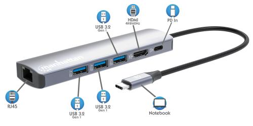 MANHATTAN USB-C Dock/Hub, Ports (x6):  (153959)
