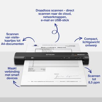 EPSON n WorkForce ES-60W - Sheetfed scanner - Contact Image Sensor (CIS) - A4 - 600 dpi x 600 dpi - up to 300 scans per day - USB 2.0, Wi-Fi(n) (B11B253401)