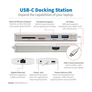TRIPP LITE TRIPPLITE USB-C Dock 4K HDMI USB 3.2 Gen 1 USB-A/C Hub GbE Memory Card 60W PD Charging (U442-DOCK11-S)