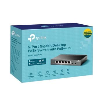 TP-Link 5-Port Gigabit Desktop PoE+ Switch with 1-Port PoE++ In and 4-Port PoE+Out Ports: 5 10 Mbps/100 Mbps/1 Gbps RJ45 ports 1-Port Gigabit PoE++ In and 4-Port PoE+ Out: Supports up to 66 W / 47 W / 21 W/ 9 (TL-SG1005P-PD)
