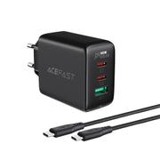 Acefast 2in1 Wall charger 2x USB-C / 1x USB-A, 65W, PD, QC 3.0, AFC, FCP +  USB-C cable, 1.2m -Black (6974316280279)