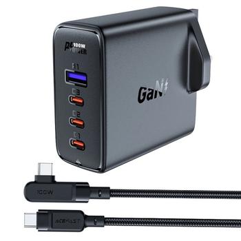 Acefast Fast charger GaN UK 100W PD, 3x USB-C, 1x USB-A + USB-C cable, 2m - Black (6974316281962)