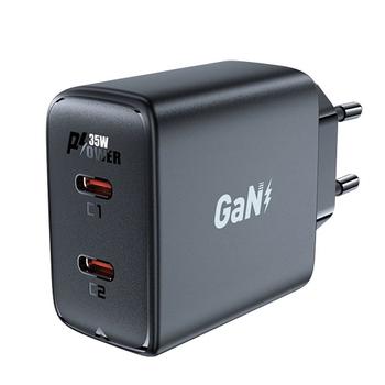 Acefast Fast charger 2x USB-C, GaN, 35W, PD - Black (6974316282198)