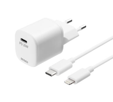 Deltaco strømadapter - 20W USB-C PD med Lightning-kabel (USBC-AC141)