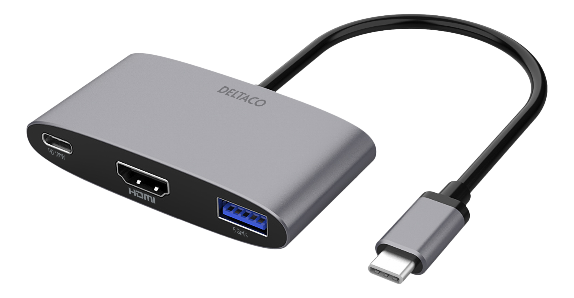 DELTACO USB-C till HDMI/USB A adapter, 4K 60Hz, USB-C PD 3.0 100W, vit