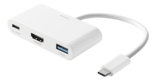 DELTACO USB-C till HDMI/USB A adapter, 4K 30Hz, USB-C PD 3.0 100W, vit (USBC-HDMI23)