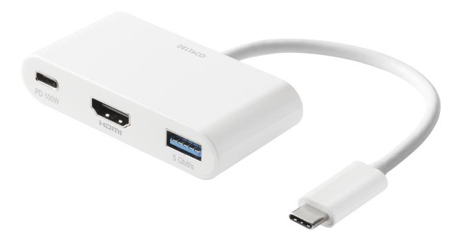 DELTACO USB-C till HDMI/USB A adapter, 4K 30Hz, USB-C PD 3.0 100W, vit (USBC-HDMI23)