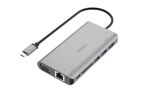 DELTACO USB-C docking station HDMI/ VGA/ 2xUSB-A PD 3.0 spc grey (USBC-HDMI18)