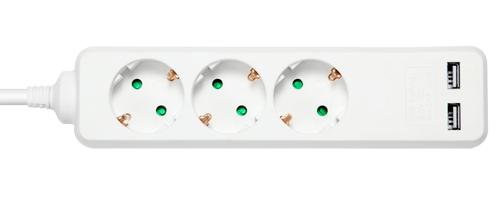 DELTACO outlet 3xCEE 7/3 1xCEE 7/7, 2xUSB-A, 1,5m white (GT-0310)
