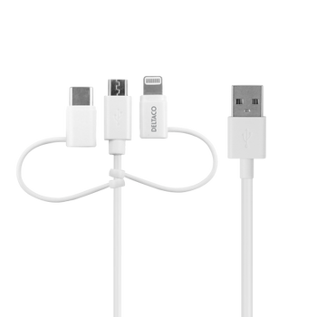 DELTACO USB-A to 3in1, Micro USB, USB-C, Lightning,  1m, white (IPLH-441)