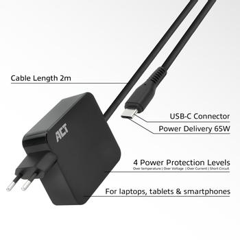 ACT USB-C vegglader PD 65W 2 m (AC2010)