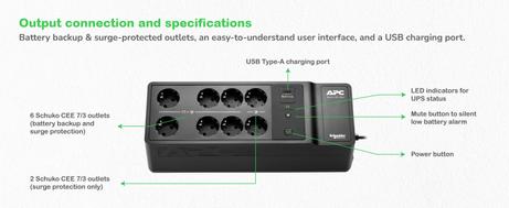 APC Back-UPS, 500VA/ 300W Floor/ Wall Mount, 230V, 8x CEE 7/3 Schuko outlets, USB Type A Port, User Replac (BE500G2-GR)