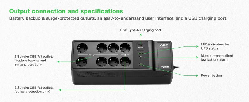 APC Back-UPS, 500VA/ 300W Floor/ Wall Mount, 230V, 8x CEE 7/3 Schuko outlets, USB Type A Port, User Replac (BE500G2-GR)