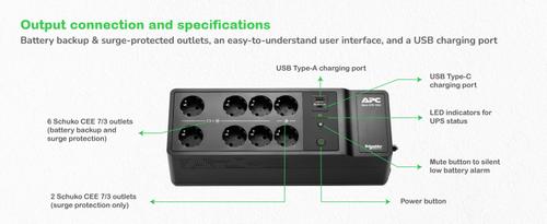 APC BACK-UPS 1050VA 8 SCHUKO OUTLETS 230V USB TYPE-C AND A CH ACCS (BE1050G2-GR)