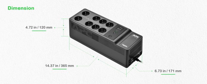 APC Back-UPS, 500VA/ 300W Floor/ Wall Mount, 230V, 8x CEE 7/3 Schuko outlets, USB Type A Port, User Replac (BE500G2-GR)