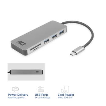 ACT AC7050 1 x USB C female naar 3 x USB A female hub 0.15m Zwart, grijs (AC7050)