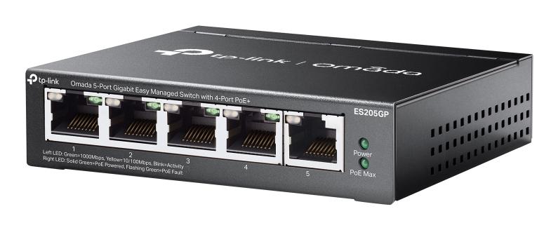 TP-LINK ES205GP New Omada 5-Port Gigabit Easy Managed Switch with 4-Port PoE+ 5x 10/ 100/ 1000Mbps RJ45 ports (4x 802.3at/ af-compliant PoE+) 65W Power Budget,  with up to 30W for each PoE port* Easy to Use: Sup (ES205GP)