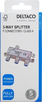 DELTACO 3-way splitter, F-connectors,  1 DC pass, ClassA (R00150042)