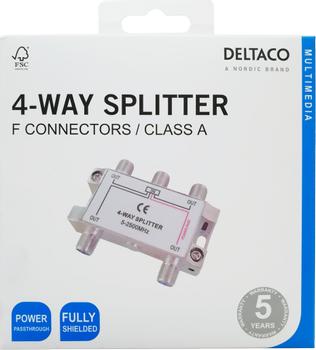 DELTACO 4-way splitter, F-connectors,  1 DC pass, ClassA (R00150043)