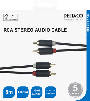 DELTACO Audio cable, 2xRCA, gold-plated connectors,  5m, black (170004)
