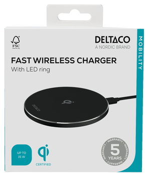 DELTACO Wireless charger, 15 W, USB-C, Qi certified,  LED ring, black (QI-1044)