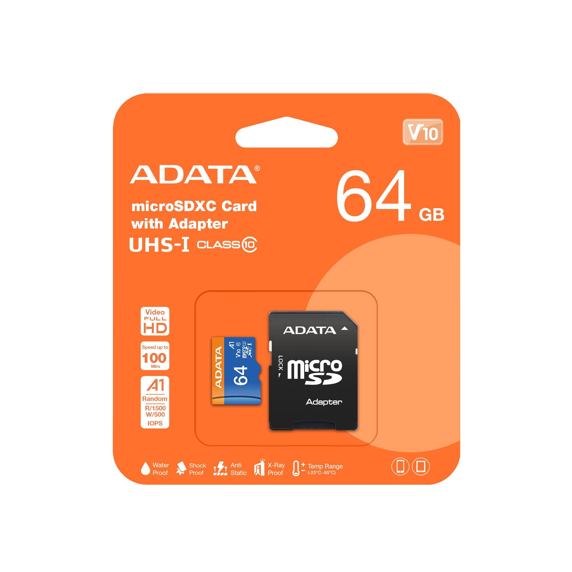 64GB MicroSDXC card with SD Adapter, UHS-I, Class 10, A1, blue
