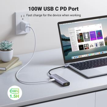 UGREEN USB-C Adapter to 2x USB-A 3.0 / HDMI / RJ45 / SD / TF / USB-C PD, 100W - Gray (90568)
