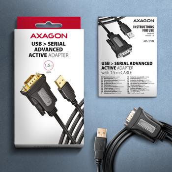 AXAGON ADS-1PQN USB-A 2.0 - serial RS-232 DB9-M FTDI adapter cable 1.5m - Adapter - Digital/ Daten Serien-Kabel Schwarz 1,5 m USB Typ-A (ADS-1PQN)