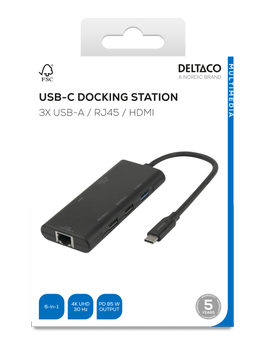 DELTACO USB-C docking station, single, 1x HDMI, 3x USB-A, RJ45 (USBC-HDMI31)