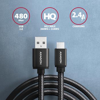 AXAGON BUMM-AM10AB HQ cable Micro USB <-> USB-A, 1m, USB 2.0, 2.4A, ALU, braid, black (BUMM-AM10AB)