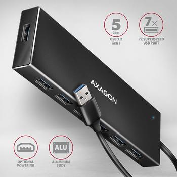 AXAGON HUE-F7A 7x USB 3.2 Gen 1 ALU FLAT hub micro power IN 1m USB-A USB 3.2 Gen 1 (3.1 Gen 1) Type-A 5000 Mbit/s Schwarz (HUE-F7A)