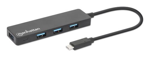 MANHATTAN 4-Port USB 3.2 Gen 1 Hub, USB-C Male to Four USB-A Females, 5 Gbps Transfer Speeds, Bus Powered, Black (164924)