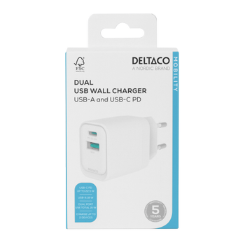 DELTACO USB wall charger, 1x USB-A 18 W, 1x USB-C PD 20 W, white (USBC-AC154)