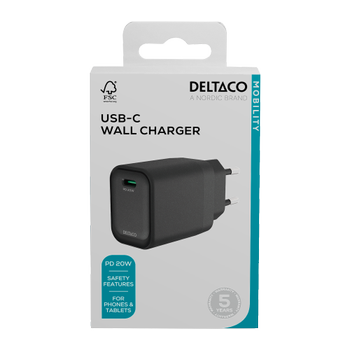 DELTACO USB-C wall charger, 1x USB-C PD, 20 W, black (USBC-AC151)