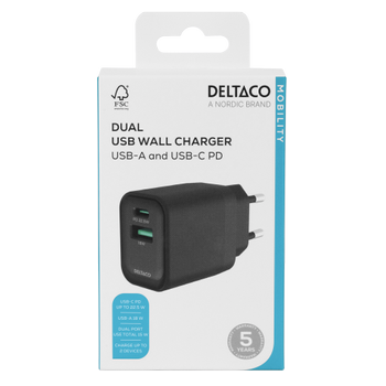 DELTACO USB wall charger, 1x USB-A 18 W, 1x USB-C PD 20 W, black (USBC-AC153)