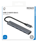 DELTACO USB-C hub, 5 Gbps, 4x USB-A female, aluminum, grey
