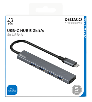DELTACO USB-C hub, 5 Gbps, 4x USB-A female, aluminum, grey (USBC-HUB206)